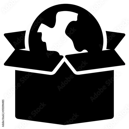 
Package with globe, global delivery icon in solid design.
