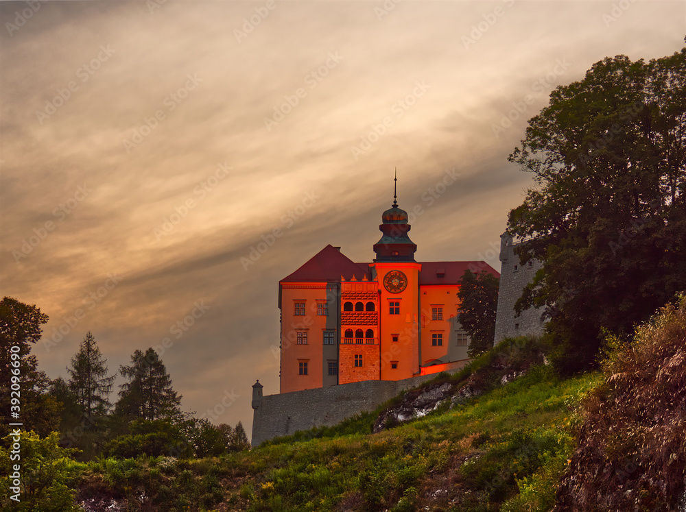 Pieskowa Skala Castle near Krakow, in Ojcowski National Park, at sunset time.