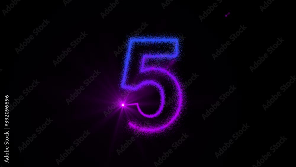 5 - Glowing point of light shapes the outline of the number 7 and dissolves it into particles of colored dust 5 - Glowing point of light shapes the outline of the number 7 and dissolves it into particles of colored dust
