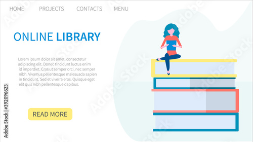 Online library, e-book, digital book store, e-reading, online learning, education concept. Landing page template. Vector illustration in flat design for web and graphic design.