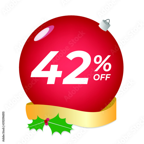 42% off. Forty-two percent discount. Christmas sale banner. Red bubble with ornaments on a white background vector.