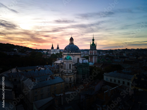 aerial view of Lviv city on sunrise