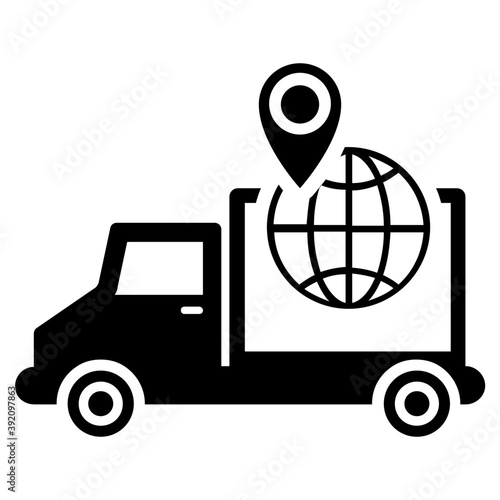 
Package with globe, global delivery icon in solid design.
