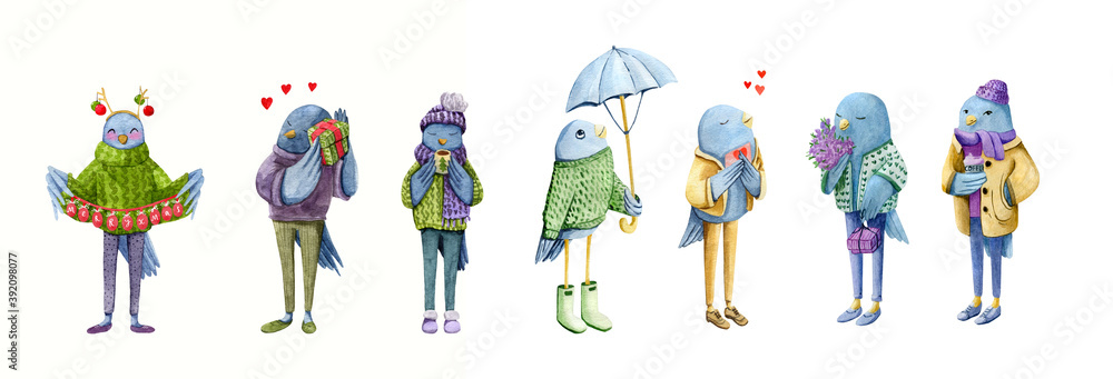 Watercolor set with cute bluebirds in ugly sweaters and scarves for Christmas party. Loving birds with Xmas gifts. Watercolor set with cute bluebirds in ugly sweaters and scarves for Christmas party. Loving birds with Xmas gifts.