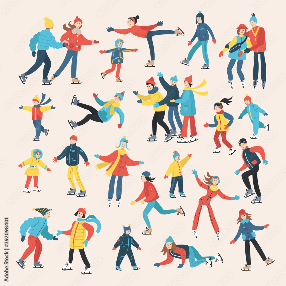 Vector cartoon set on the theme of sport, figure skating, pastime, hobby. People and children skating. Colorful isolated templates and sketches for use in design Vector cartoon set on the theme of sport, figure skating, pastime, hobby. People and children skating. Colorful isolated templates and sketches for use in design
