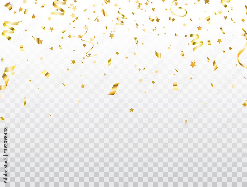 Luxury gold Christmas confetti border. Magic golden flying confetti and star on transparent background. Elegant design elements for Holiday. Xmas ornament. Greeting card. Vector illustration