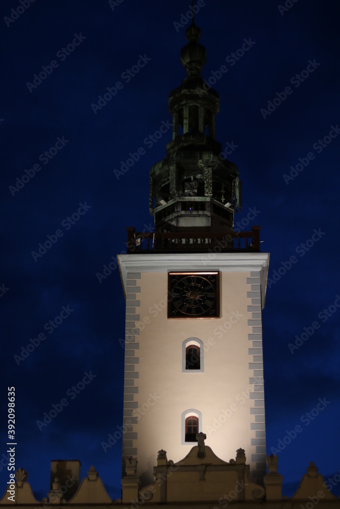 Town hall tower with a clock, Chełmno, Kuyavian-Pomeranian Voivodeship, Poland, night photo, long exposure.