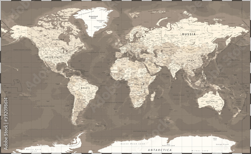 World Map - Vintage Retro Old Style - Vector Detailed Illustration - Beige Brown Colored