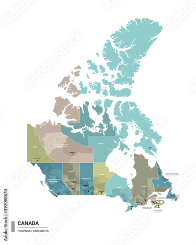 Canada higt detailed map with subdivisions. Administrative map of Canada with districts and cities name, colored by states and administrative districts. Vector illustration.