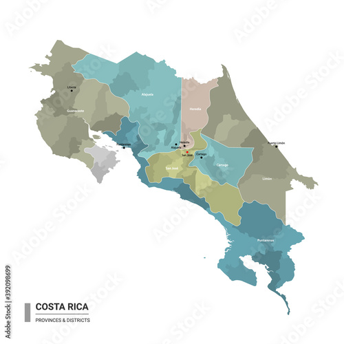 Costa Rica higt detailed map with subdivisions. Administrative map of Costa Rica with districts and cities name, colored by states and administrative districts. Vector illustration. photo