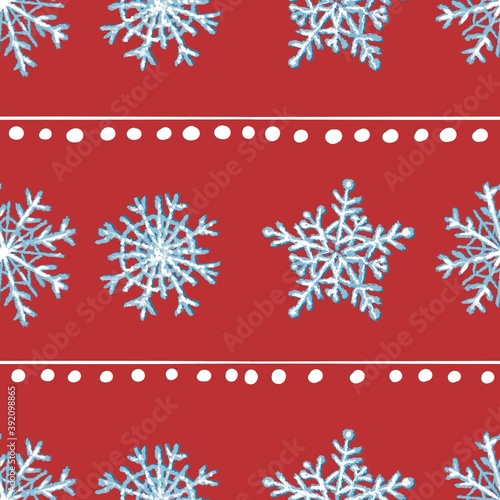 Festive seamless pattern. Snowflakes on a red background. New year and Christmas design for wrapping paper