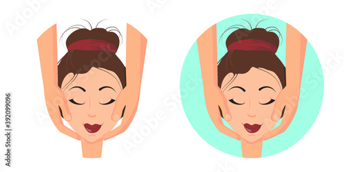 Beautiful woman at session of rejuvenating facial massage. Masseur hands doing face massage. Relaxed. Concept of Spa, massage parlor, beauty salon. Isolated icon, illustration in flat vector style 