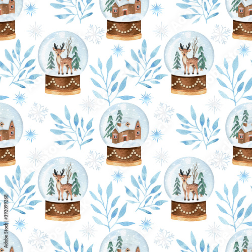 Christmas watercolor vector seamless pattern with snowball glob and branches