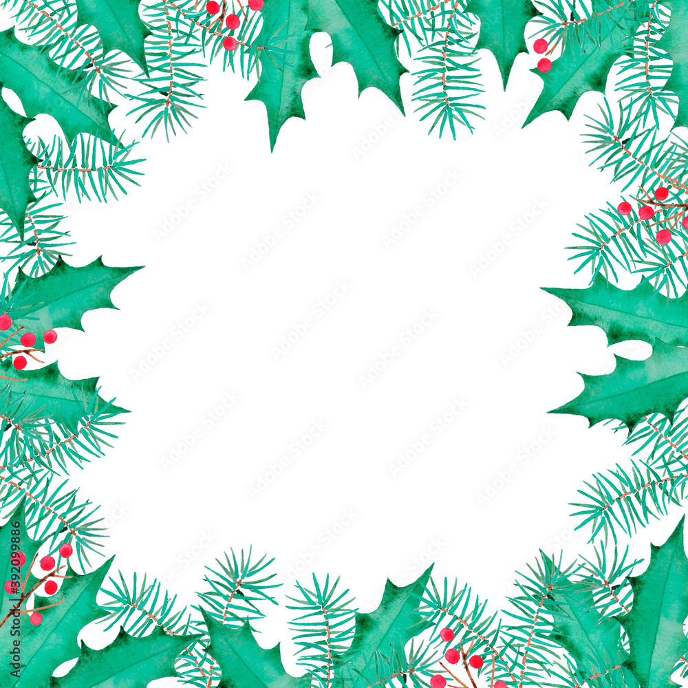 Border with christmas elements, holly, christmas tree, red berries Border with christmas elements, holly, christmas tree, red berries