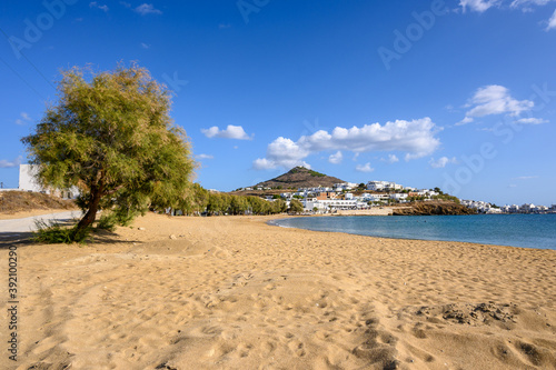 View of beautiful sandy Logaras beach with azure sea water on coast of Paros island, Greece