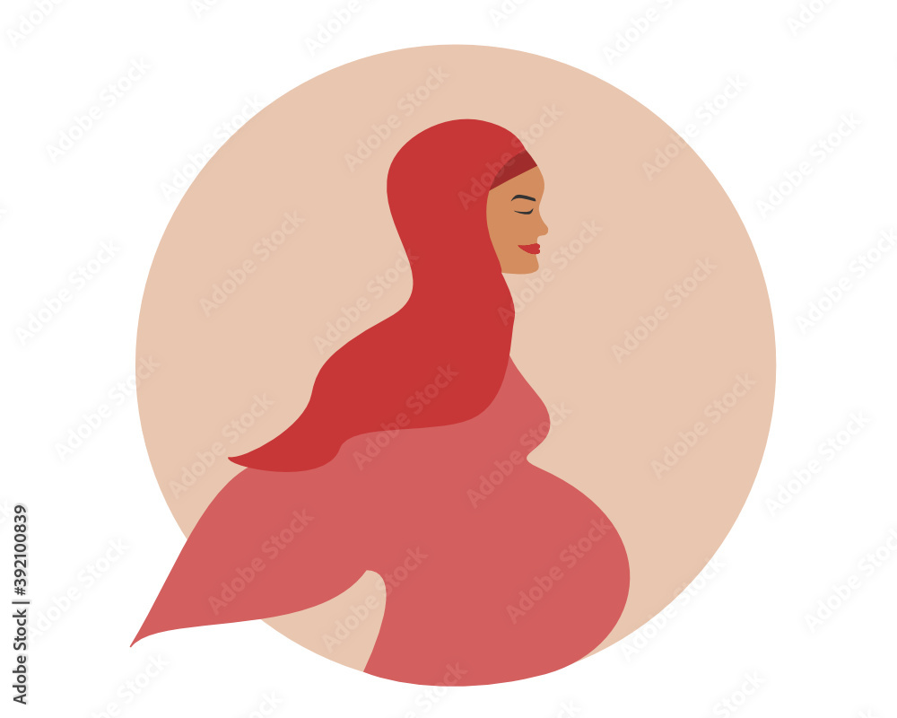 Beautiful muslim woman with hijab, dressed in white, mother to be. Expecting pregnant woman vector, isolated Beautiful muslim woman with hijab, dressed in white, mother to be. Expecting pregnant woman vector, isolated
