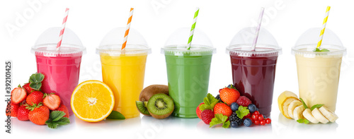 Collection of fruit juice smoothies orange drink drinks cups healthy eating isolated on white