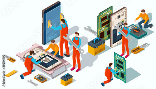 Isometric smartphone repair service concept. Electronics repair service. Vector illustration