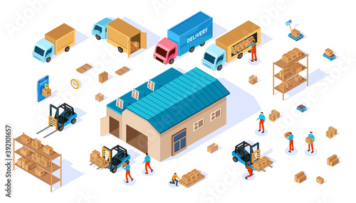 Vector isometric warehouse equipment elements set on white background.