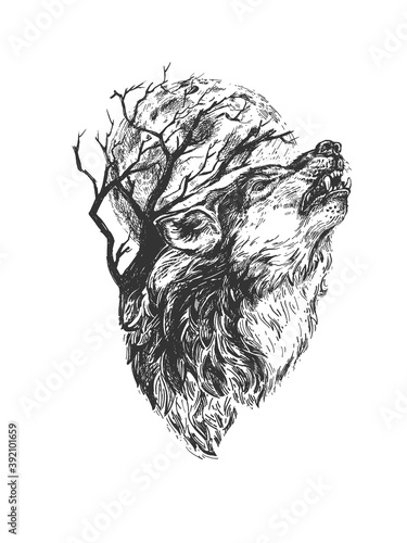 Wild wolf howling engraved portrait