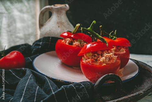 Traditional portuguese snack tomatoes stuffed with canned tuna