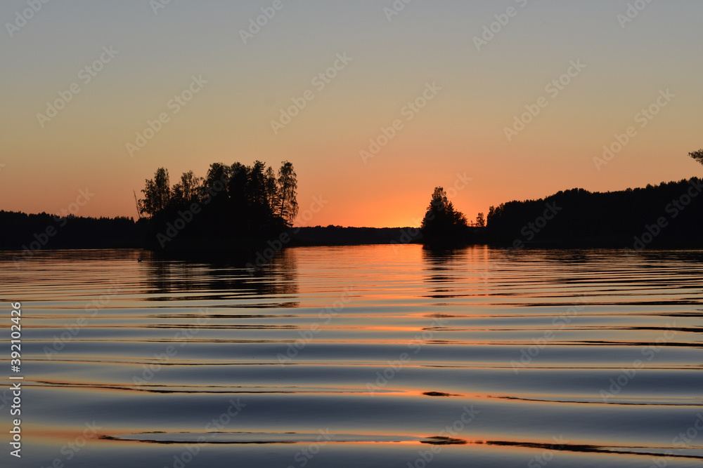 sunset on the lake and ripples on the water