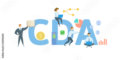 CDA, Confidential Disclosure Agreement. Concept with keywords, people and icons. Flat vector illustration. Isolated on white background.