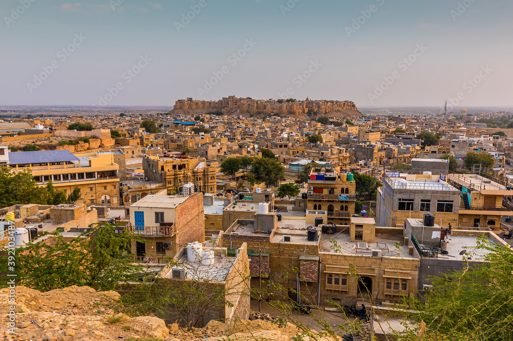 A view across the roof tops towards the old cliff top, golden city in Jaisalmer Rajasthan, India