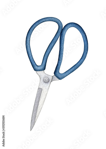 Watercolor Old-fashioned steel Tailor Scissors with blue handles. Sewing, knitting, Needlework tool. Hand Made theme. Hand drawn element isolated for seamstress blog design, logo, pattern, poster