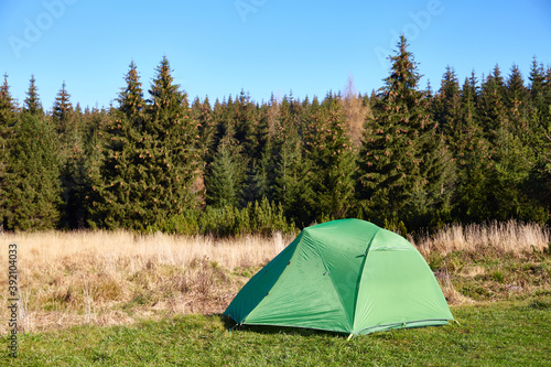 Green tent on a meadow by the edge of a mountain forest.