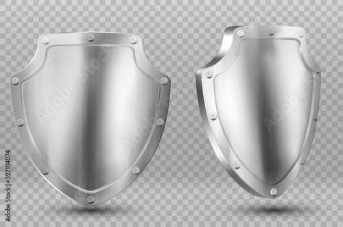 Metal shields, blank silver or steel metallic screens with frames and rivets and reflection glow. Award trophy front and side view isolated on transparent background, Realistic 3d vector illustration.