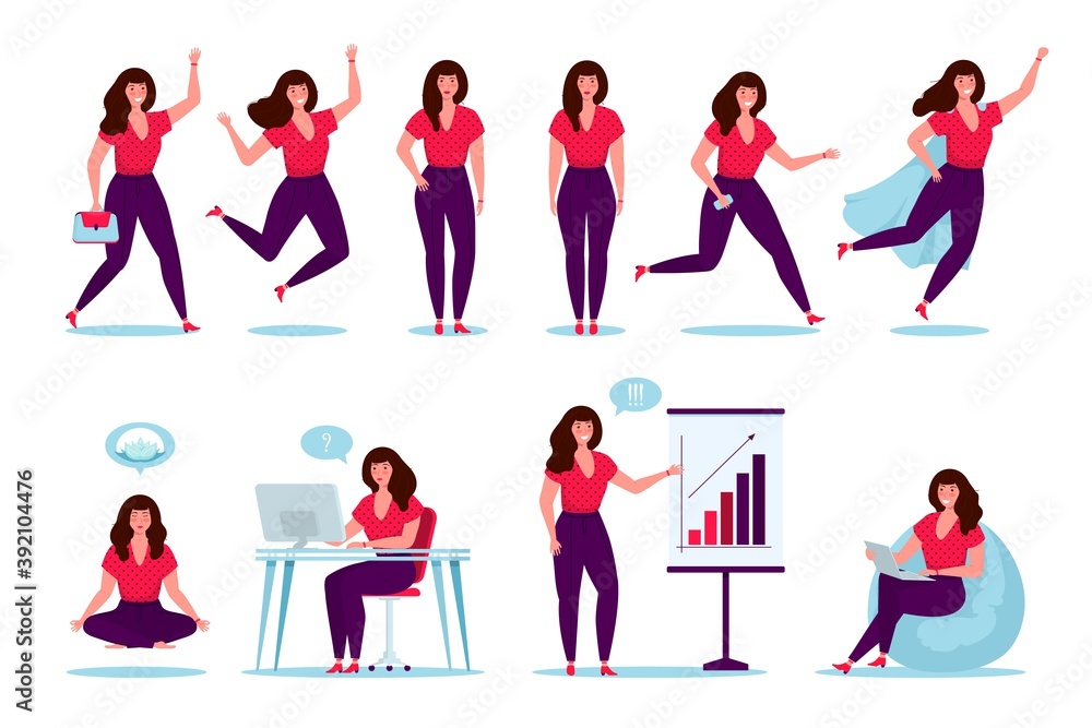 Happy businesswoman. Set of woman character, office worker female manager in various poses and situations. Vector illustration in cartoon style. Super hero, meditating, working, jumping, walking. Happy businesswoman. Set of woman character, office worker female manager in various poses and situations. Vector illustration in cartoon style. Super hero, meditating, working, jumping, walking.