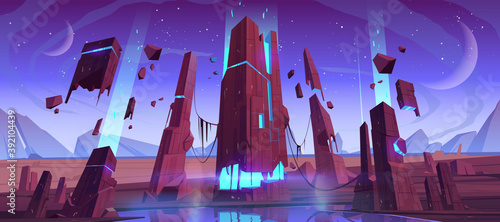 Alien planet surface, futuristic landscape, space background with glowing and flying rocks, two moons in dusk starry sky. Scientific discovery, fantasy computer game scene, cartoon vector illustration