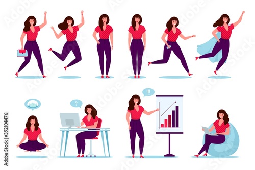 Happy businesswoman. Set of woman character, office worker female manager in various poses and situations. Vector illustration in cartoon style. Super hero, meditating, working, jumping, walking.