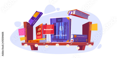 Bestseller and books stand on wooden bookshelf. Booklet, diary volumes with colorful paperback lying in pile and flying above of shelf hanging on wall in library or store, Cartoon vector illustration