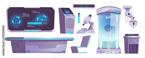 Modern science laboratory equipment, microscope, chemical tube, computer and table isolated on white background. Vector cartoon set of technology icons of scientific lab for test and analysis