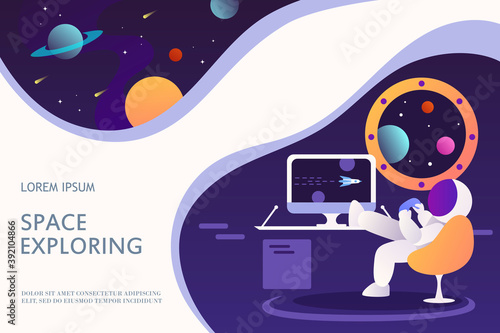 An astronaut in a spaceship is playing a computer game. Template for landing page, banner, web page, card. Vector cartoon illustration. Purple background, space, planets, universe. Explorer, workplace