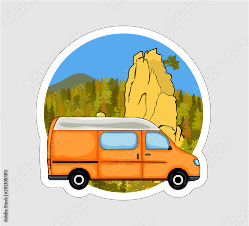 Van life sticker. Sandstone rock formation, forest and the mountains in the background. Colorful Illustration. 