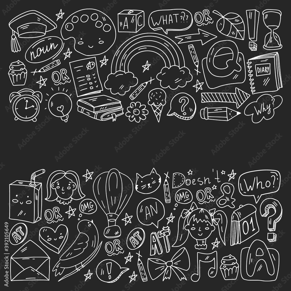 Back to school. Vector illustration with icons about education. English learning. Online internet courses. Back to school. Vector illustration with icons about education. English learning. Online internet courses.