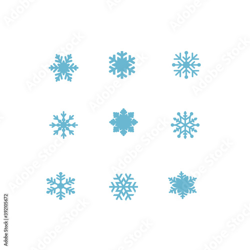 vector blue snowflakes icon set on white. Symbol of snow, holiday, cold weather, frost. Winter design element Vector illustration