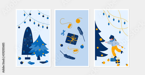 Vector illustration Set of Christmas postcards in blue colors. Three different vertical cards.