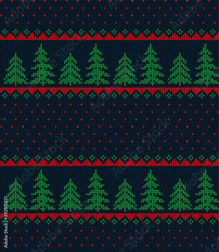 Knitted Christmas and New Year pattern in cow. Wool Knitting Sweater Design. Wallpaper wrapping paper textile print.