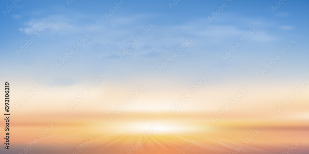 Blue sky with cloud background,Cartoon sky with orang, yellow,pink sky with sunrise.Concept all seasonal horizon banner like a spring and summer in evening, autumn and winter morning