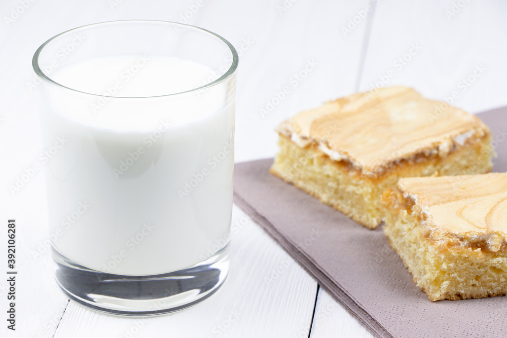 A glass of milk and cake on a white wooden background. Breakfast in a morning. Healthy food A glass of milk and cake on a white wooden background. Breakfast in a morning. Healthy food