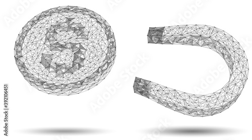 A magnet that attracts a coin. Low-poly construction of interlocked lines and dots.
