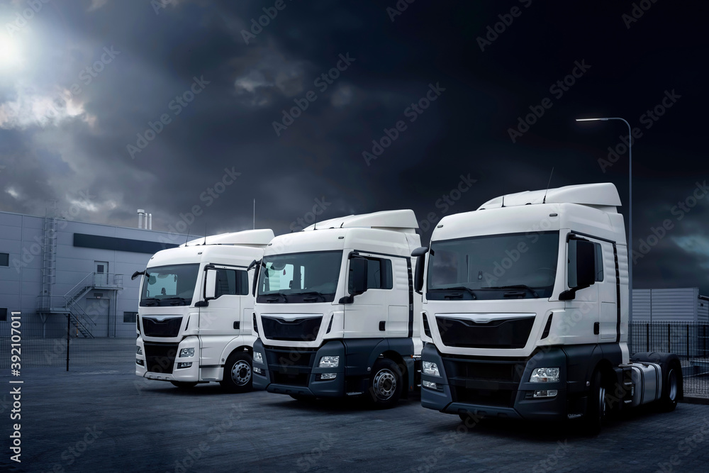 Parking lot with trucks for delivery and transportation of goods. Trucks are parked in the parking lot at night. Logistics and transport concept, car service.