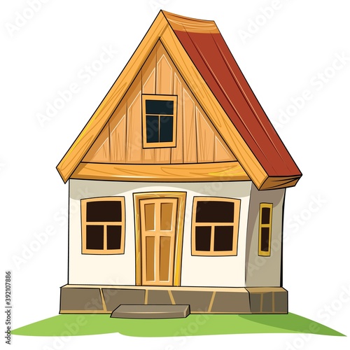 Fairytale house. Cartoon style. An old rural small cottage. With door, windows and wooden roof. The object is isolated on a white background. Vector