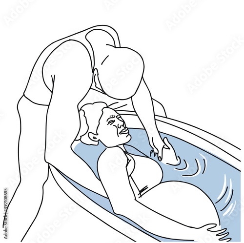 Water birth. Caucasian expectant couple flat color vector faceless character.  Alternative child birth isolated cartoon illustration Line art.