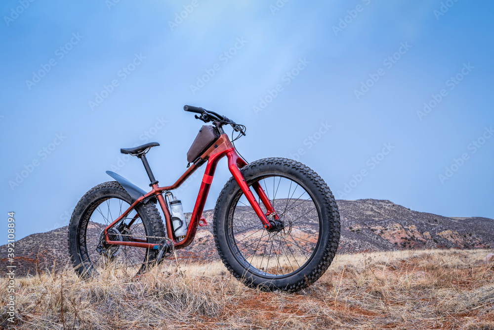 fat mountain bike at Colorado foothills in fall scenery - Red Mountain Open Space north of Fort Collins fat mountain bike at Colorado foothills in fall scenery - Red Mountain Open Space north of Fort Collins