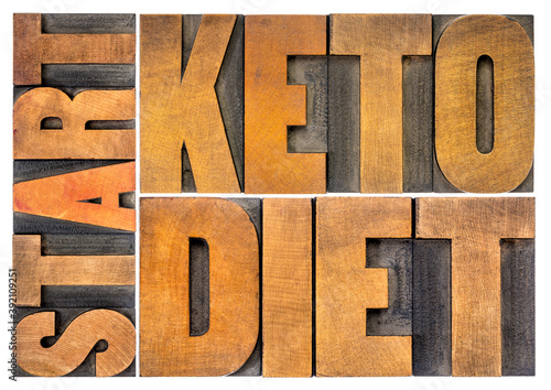 start keto diet concept - isolated word abstract in vintage letterpress wood type  healthy ketogenic diet with high fats and low carbs